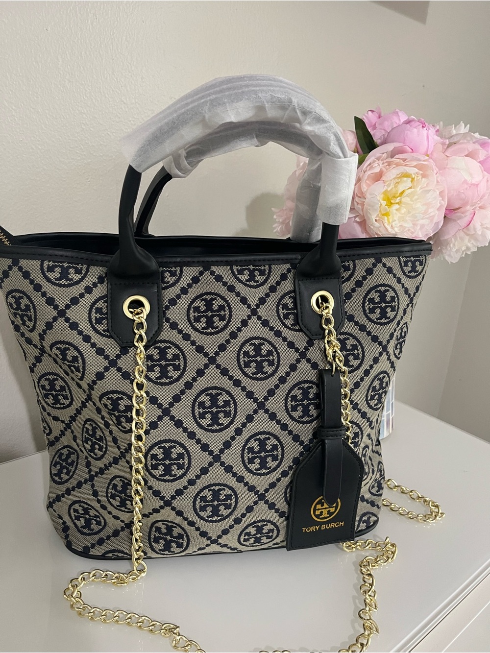 Tory Burch Black and Cream Logo Canvas Tote with Gold Chain